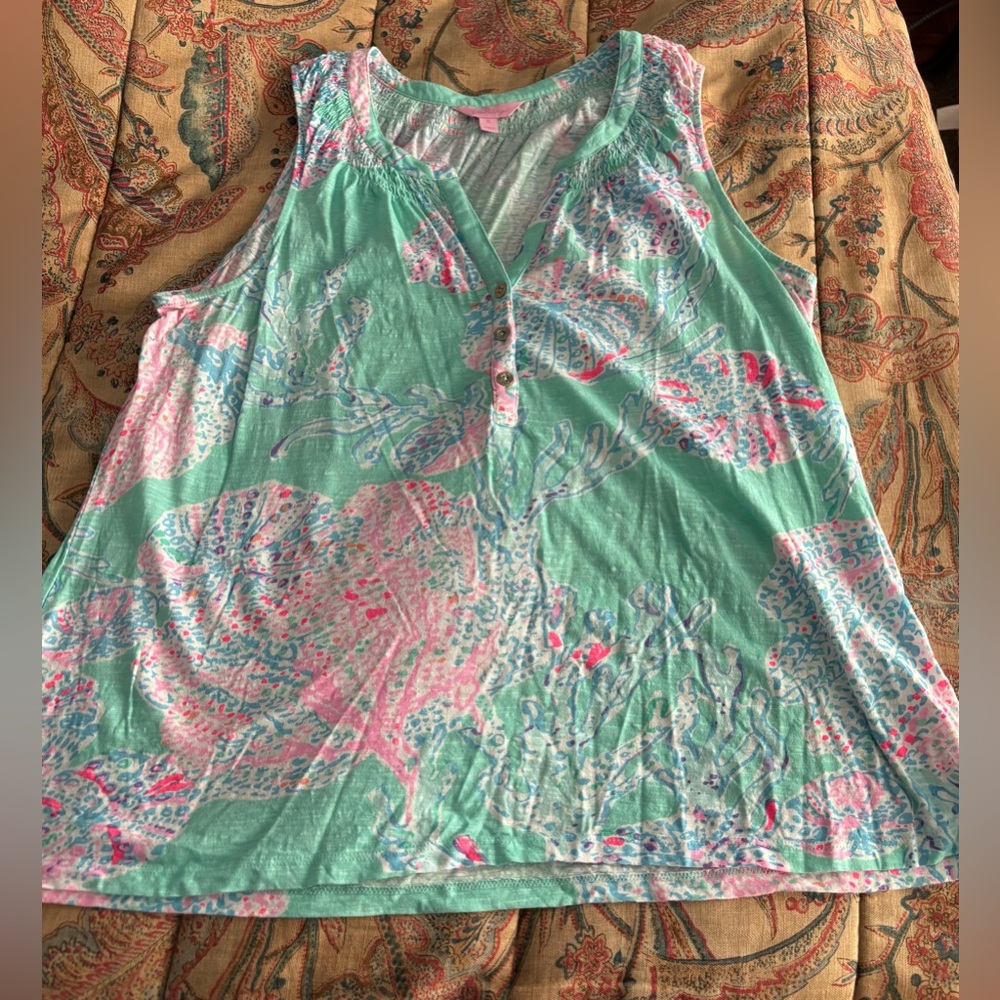 Lilly Pulitzer Essie Tank Top Henley Minty Fresh Fan Sea Aqua Pink Size XL